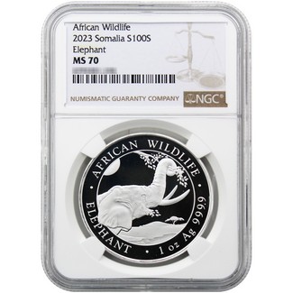 2023 Somalia 100 Shillings 1 oz. Silver Elephant Coin NGC MS70 Brown Label