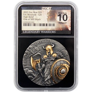 2023 $5 Niue Legendary Warriors Eric Bloodaxe 2oz Silver Gilt HR Coin NGCX MS10 Antiqued One of 500