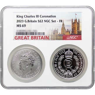 2023 Great Britain S£2 King Charles III Coronation 2 Coin Set NGC MS69 FR Dual Holder