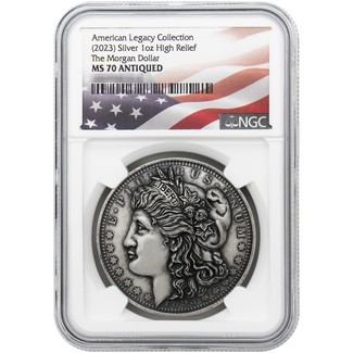 STOCKING STUFFER DEAL: American Legacy Collection (2023) Silver 1oz High Relief "The Morgan Dollar" NGC MS70 Antiqued Flag