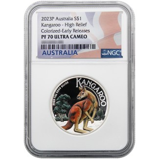 2023 P Australia Kangaroo 1oz Proof Colorized Silver High Relief NGC PF70 UC ER Flag Label