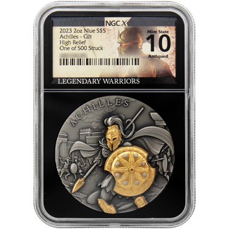 2023 $5 Niue Legendary Warriors Achilles 2oz Silver Gilt HR Coin NGCX MS10 Antiqued One of  500