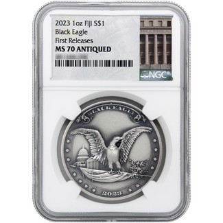2023 $1 Fiji 1 oz Silver Antiqued "Black Eagle" UHR NGC MS70 FR US Bureau of Engraving Label