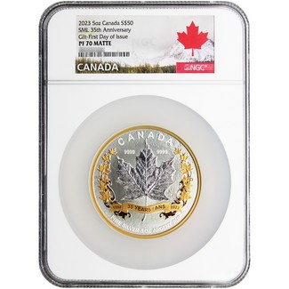 2023 $50 Canada 5oz Silver Gilt SML 35th Anniv NGC PF70 Matte FDI Canada Maple Leaf Label