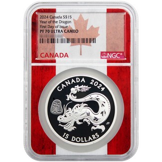 2024 Canada $15 Silver Year of the Dragon Coin NGC PF70 Ultra Cameo First Day Issue Canada Flag Core