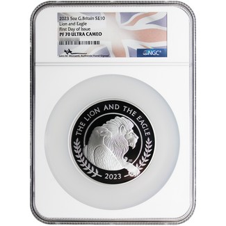 2023 Great Britain Silver 5oz Mercanti Lion and Eagle NGC PF70 UC FDI Mercanti Signature Flag Label
