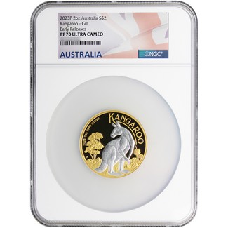 2023 Australia Kangaroo 2oz Silver Proof Reverse Gilded NGC PF70 UC ER Australian Flag Label