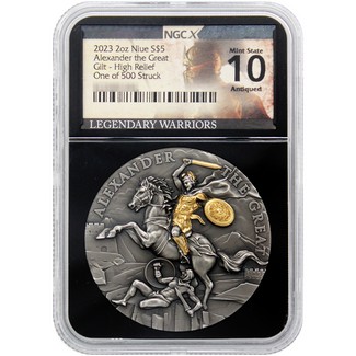 2023 $5 Niue Legendary Warriors Alexander the Great 2oz Silver Gilt HR Coin NGCX MS10 Antiq 1 of 500