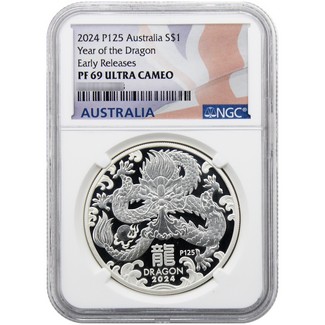 2024 Proof Australia 1oz Silver Lunar Year of the Dragon Coin NGC PF69 UC ER Australia Flag Label