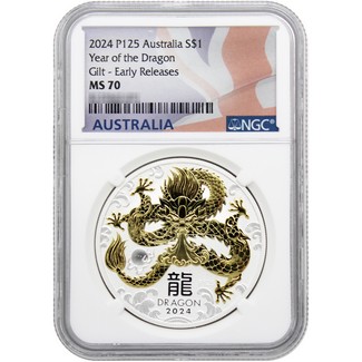 2024 $1 Australian Lunar Year of the Dragon 1oz Silver Gilded Coin NGC MS70 ER Flag Label