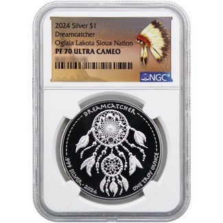 2024 Oglala Lakota Sioux Proof Silver 1oz Dreamcatcher Coin NGC PF70 UC Native American Label