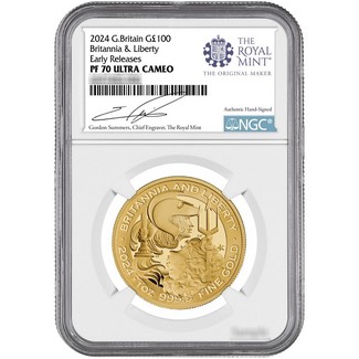 2024 £100 1oz. Proof Gold Britannia & Liberty Coin NGC PF70 UC Early Releases Gordon Summers Signed