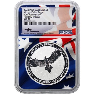 STOCKING STUFFER DEAL: 2024 P125 $1 Australia 1oz Silver Wedge Tailed Eagle Coin NGC MS70 FDI Mercanti Signed Flag Core