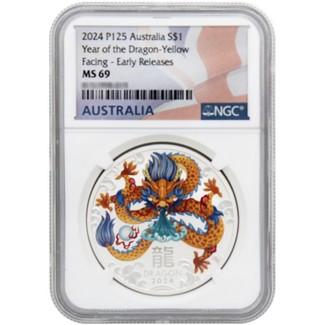 2024 P125 $1 Australia 1oz Silver Colorized Dragon Yellow Facing Coin NGC MS69 ER Flag Label