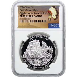 2024 $1 Oglala 1oz Silver Proof Native American Series Devils Tower Myth Coin NGC PF70 UC N.A. Label