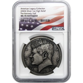 American Legacy Collection (2024) 1oz Silver Antiqued HR "The Kennedy Half" NGC MS70 Flag Label