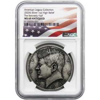 American Legacy Collection (2024) 1oz Silver Antiqued HR "The Kennedy Half" NGC MS69 Flag Label