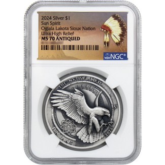 2024 $1 Oglala Lakota Sioux Nation 1 oz Antiqued Silver UHR Sun Spirit Coin NGC MS70 N.A. Label