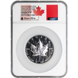 2024 $50 Rev PF Canada 5oz Silver UHR Maple Leaf Pulsating Forest NGC REV PF70 FDI Signed Label