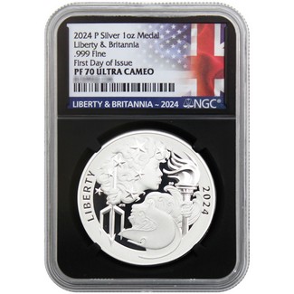 2024 P 1oz Silver Liberty & Britannia Medal NGC PF70 Ultra Cameo FDI Black Core Dual Flag Label