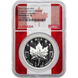 2024 $20 REV PF Canada 1oz Silver UHR Maple Leaf Pulsating Forest NGC REV PF70 Canada Flag Core