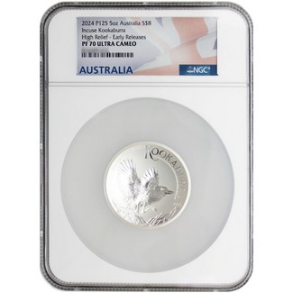 2024 P125 $8 Proof Australia 5 oz Incuse Silver High Relief Kookaburra NGC PF70 UC ER Flag Label