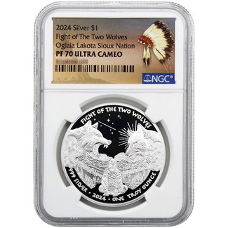 2024 $1 Proof Oglala Lakota Sioux Nation Native American Series 1 oz Silver Two Wolves NGC PF70 UC Native American Label