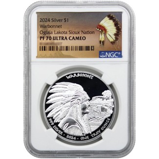 2024 $1 Proof Oglala Lakota Sioux Nation Native American Series 1 oz Silver Warbonnet NGC PF70 UC Native American Label