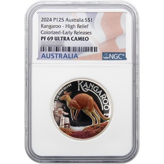 2024 P125 $1 Proof Australia 1oz Colorized Silver High Relief Kangaroo NGC PF69 UC ER Australia Flag Label