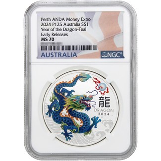 2024 P125 $1 Australia Lunar Series III 1oz Teal Colorized Silver 2024 Year of the Dragon Coin NGC MS70 ER Flag Label