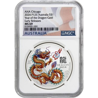 2024 P125 $1 Australia Lunar Series III 1oz Gold Colorized Silver 2024 Year of the Dragon Coin From Chicago ANA NGC MS69 ER Flag Label