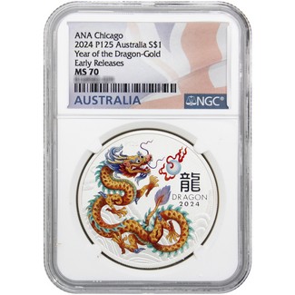 2024 P125 $1 Australia Lunar Series III 1oz Gold Colorized Silver 2024 Year of the Dragon Coin From Chicago ANA NGC MS70 ER Flag Label