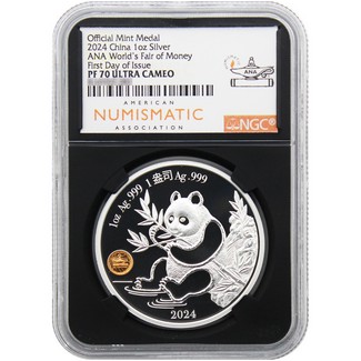 2024 Proof China ANA World's Fair of Money Chicago 1oz Silver Show Panda Medal NGC PF70 UC FDI Black Core ANA Label