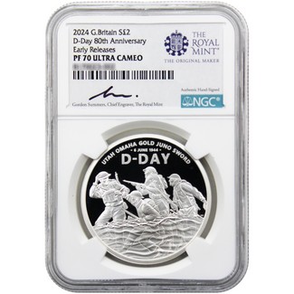 2024 £2 Proof Great Britain 1oz Silver D-Day 80th Anniversary Coin NGC PF70 UC ER The Royal Mint Label Gordon Summers Signed