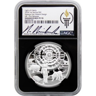 2024 $2 Enhanced Rev. PF Samoa 1oz Silver Light of Liberty Trilogy Series HR Natanya Van Niekerk Design NGC PF70 FR Black Core Niekerk Signed Label