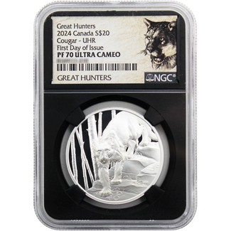 2024 $20 Proof Canada Great Hunters 1oz Silver Ultra High Relief Cougar NGC PF70 UC FDI Black Core Cougar Label