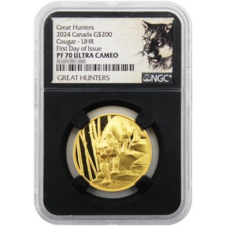 2024 $200 Proof Canada Great Hunters 1oz Gold Ultra High Relief Cougar NGC PF70 UC FDI Black Core Cougar Label