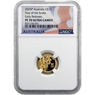 2025 $15 Proof Australia Lunar Series III 1/10oz Gold Snake Coin NGC PF70 UC ER Australia Flag Label