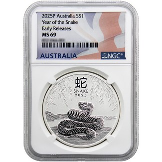 2025 $1 Australia Lunar Series III 1oz Silver Year of the Snake Coin NGC MS69 ER Australia Flag Label