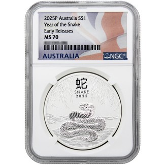 2025 $1 Australia Lunar Series III 1oz Silver Year of the Snake Coin NGC MS70 ER Australia Flag Label