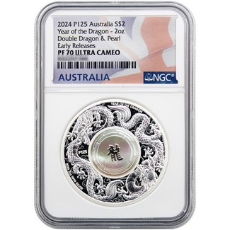 2024  P125 $2 Proof Australia Lunar Series 2oz Silver Year of the Dragon with Mother of Pearl Coin NGC PF70 UC ER Flag Label