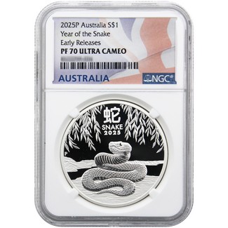 2025 P Proof Australia 1oz Silver Lunar Year of the Snake Coin NGC PF70 UC ER Flag Label