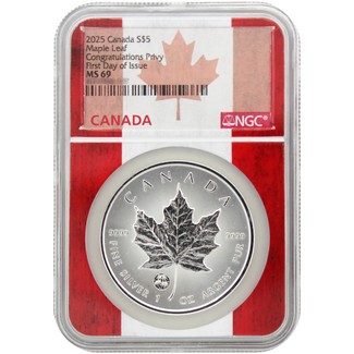 2025 $5 Canada 1oz Silver Maple Leaf with Congratulations Privy Mark NGC MS69 FDI Canada Core Flag Label