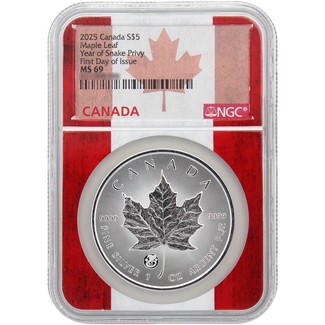 2025 $5 Canada 1oz Silver Maple Leaf with Year of the Snake Privy Mark NGC MS69 FDI Canada Core Flag Label