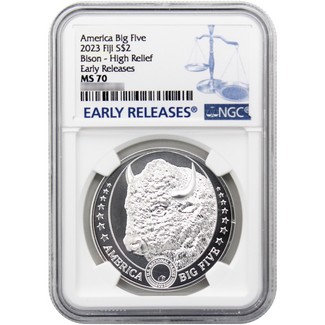 2023 $2 Fiji American Big 5 1oz Silver High Relief Bison Coin NGC MS70 ER Blue Label