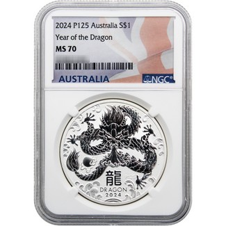 2024 $1 Australia Lunar Series III 1oz Silver Dragon Coin NGC MS70 Australia Flag Label