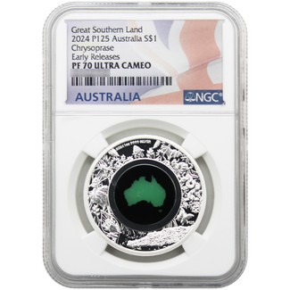 2024 P $1 Proof Australia 1oz Silver Great Southern Land Chrysoprase NGC PF70 UC ER Australia Flag Label