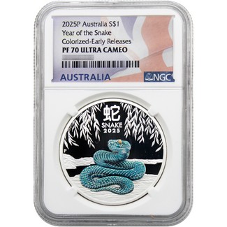 2025 P $1 Proof Australia 1oz Colorized Silver Lunar Year of the Snake Coin NGC PF70 UC ER Australia Flag Label