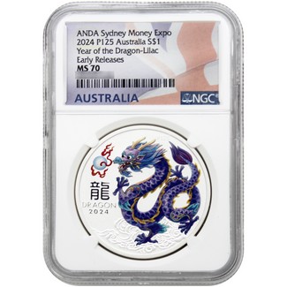 2024 P125 $1 Australia Lunar Series III 1oz Lilac Colorized Silver Year of the Dragon Coin NGC MS70 ER Australia Flag Label From Sydney Money Expo ANDA Special