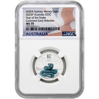 2025 P S25C Australia Lunar Series III 1/4oz Colorized Silver Year of the Snake Coin NGC MS70 ER Australia Flag Label From the Sydney Money Expo ANDA Special